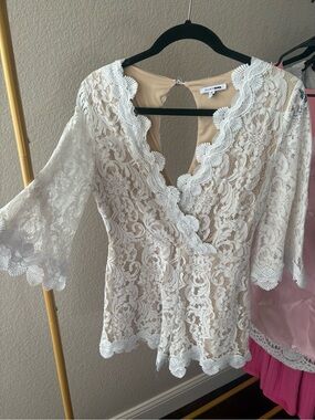 Fashion Nova Ivory Lace Peplum Romper